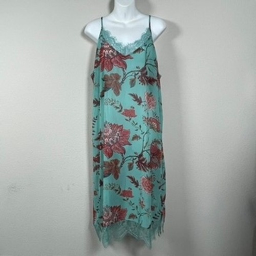 Soft Surroundings Floral Nightgown Womens 1X Aqua Pink Lace Trim Chemise Sheer